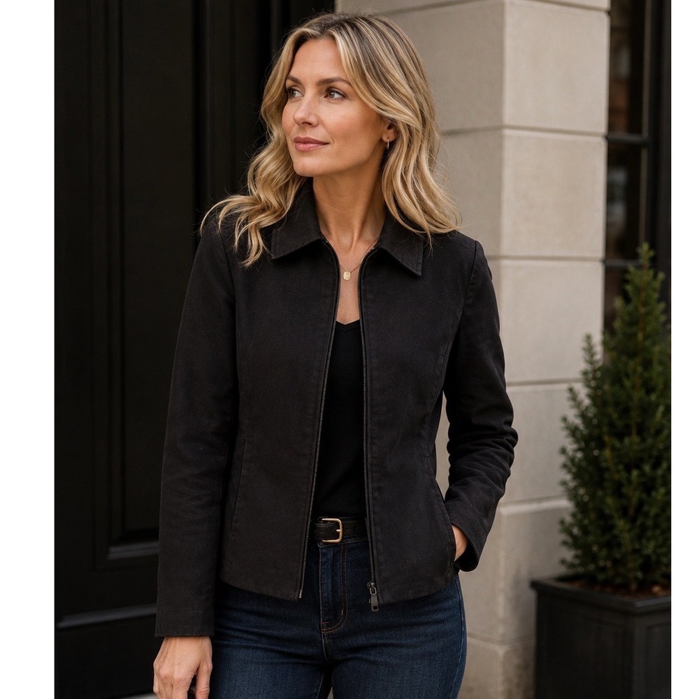 Gabrielle Rohde-Royce Black Suede-Like Zip Front Jacket Leopard Lining Women M